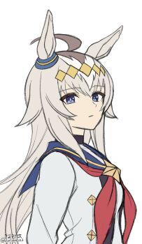 1girl absurdres ahoge blue_eyes blue_sailor_collar commentary_request grey_hair hair_between_eyes highres kiyosuke_(kiyosuke023) long_hair looking_at_viewer neckerchief oguri_cap_(starlight_beat)_(umamusume) oguri_cap_(umamusume) red_neckerchief sailor_collar shirt sidelocks solo umamusume white_shirt