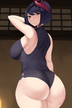 1girl artist_request ass bare_shoulders black_hair blush breasts erimiko from_behind genshin_impact highres huge_ass kujou_sara large_breasts leotard looking_at_viewer looking_back looking_down mask mask_on_head short_hair sideboob sleeveless solo sweat yellow_eyes