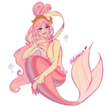 Rule 34 | 1girl, blue eyes, blueberriena, blush, bubble, commentary, curled up, english commentary, fish hair ornament, full body, hagoromo, hair ornament, highres, long hair, long sleeves, mermaid, monster girl, one piece, pink hair, shawl, shirahoshi, simple background, smile, solo, twitter username, very long hair, white background