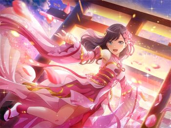 Rule 34 | 1girl, black hair, blue eyes, detached sleeves, falling petals, flower, game cg, hair flower, hair ornament, japanese clothes, kimono, konohanasakuya-hime (mythology), long hair, looking at viewer, obi, official art, okobo, open mouth, outstretched arms, petals, pink kimono, pink sleeves, platform sandals, sandals, sash, shoujo kageki revue starlight, shoujo kageki revue starlight -re live-, socks, solo, torii, upper body, white socks, wide sleeves, yanagi koharu