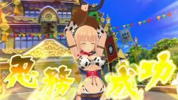 1girl 3d animal animal_print animated bikini breasts bucket building cleavage cow cow_print cow_print_bikini cowboy_hat flag grey_eyes hat highleg highleg_bikini looking_at_viewer marvelous navel orange_hair print_bikini senran_kagura senran_kagura_new_link skirt sound swimsuit tagme ushimaru_(senran_kagura) ushiwakamaru_(senran_kagura) video whip