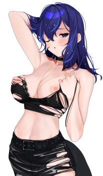 1girl a888_n22 absurdres alternate_costume arm_behind_head arm_up belt_buckle belted_skirt black_bra black_skirt blue_eyes blue_hair blush bra breasts buckle choker commentary_request commission grey_background hair_between_eyes half-closed_eye hand_up highres jewelry kemono_friends kemono_friends_3 large_breasts long_hair looking_at_viewer nipples one_eye_closed parted_lips pendant pixiv_commission simple_background skindentation skirt solo sperm_whale_(kemono_friends) tail torn_bra torn_clothes torn_skirt underwear upper_body