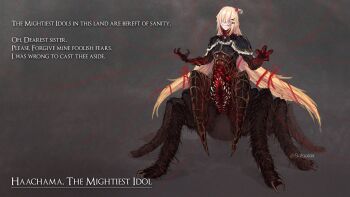 1girl akai_haato akai_haato_(gothic_lolita) arachne armor arthropod_girl baloolax blonde_hair claws commentary dark_souls_(series) dark_souls_i english_commentary english_text full_body grey_background highres hololive insect_girl long_hair monster_girl silk simple_background solo spider_girl spider_web taur twitter_username very_long_hair virtual_youtuber