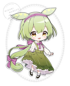 1girl artist_name bow chibi clothes_lift commentary_request double-parted_bangs dress dress_bow dress_lift english_text frilled_hairband frilled_socks frills green_dress green_hair hair_bow hairband long_sleeves looking_at_viewer low_ponytail mameko_minami mary_janes ojou-sama_zundamon overall_skirt pea_pod pink_bow pink_hairband ponytail shirt shoes socks solo voicevox white_shirt yellow_eyes zundamon