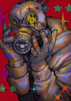 1boy caiman_(dorohedoro) commentary dorohedoro english_commentary gas_mask gloves head_spikes highres hood hood_down lizardman mask mixed-language_commentary red_background reptile_boy solo star_(symbol) unc