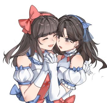 Rule 34 | 2girls, animification, bow, brown eyes, brown hair, closed eyes, commentary, date sayuri, diao mao de yu shushu, elbow gloves, gloves, hairband, holding hands, interlocked fingers, liyuu, long hair, looking at another, love live!, love live! superstar!!, multiple girls, official alternate costume, open mouth, pink bow, pink hairband, real life, simple background, smile, tiny stars, upper body, voice actor, white background, white gloves