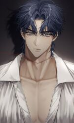 Rule 34 | 1boy, absurdres, black hair, closed mouth, collarbone, collared shirt, eyelashes, grey background, grey eyes, highres, jojo no kimyou na bouken, jonathan joestar, looking at viewer, madengx, male focus, pectoral cleavage, pectorals, phantom blood, shirt, short hair, solo, stitched neck, stitches, string, string of fate, thick eyebrows, white shirt