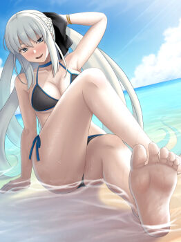 1girl bare_shoulders barefoot beach bikini black_bikini black_bow black_ribbon blue_eyes blue_sky blush bow braid breasts chuppa_(katotsuba) cleavage fate/grand_order fate_(series) feet foot_focus grey_hair hair_bow large_breasts long_hair looking_at_viewer medium_breasts morgan_le_fay_(fate) navel open_mouth ponytail ribbon shore sidelocks sky smile solo swimsuit very_long_hair water wet white_hair