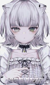 1girl animal_ears artist_name black_nails black_ribbon black_streaks cat_ears choker collarbone commission dress frilled_choker frilled_dress frills green_eyes grey_eyes hair_intakes heart-shaped_gem heterochromia highres long_sleeves looking_at_viewer monochrome multicolored_hair original parted_lips plaid_clothes plaid_dress pointing pointing_to_the_side ribbon short_hair simple_background sleeves_past_wrists solo streaked_hair sxnxrnx two_side_up upper_body white_background white_dress