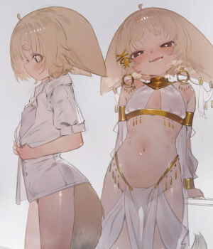 1girl ahoge animal_ears armlet blonde_hair blush breasts brown_eyes detached_sleeves flat_chest grey_background hair_ornament harem_outfit highres jewelry loli looking_at_viewer multiple_views navel open_mouth pelvic_curtain see-through_clothes shirt short_eyebrows short_hair short_sleeves simple_background small_breasts smile standing tail thick_eyebrows white_shirt xaea_xp