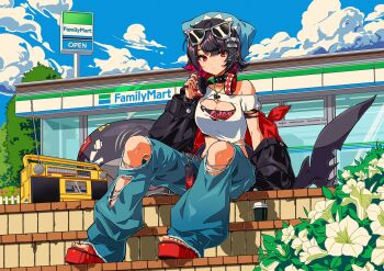 1girl black_hair blue_hat breasts closed_mouth cloud commentary_request crop_top day denim ellen_joe eyewear_on_head familymart flower guest_art hat highres jacket jeans jewelry jukebox kisumi_rei looking_at_viewer multicolored_hair nail_polish necklace off_shoulder outdoors pants pink_hair red_eyes red_nails shirt sign sitting sky solo stairs studded_choker tail toenail_polish toenails torn_clothes torn_jeans torn_pants triangular_headpiece white_flower zenless_zone_zero