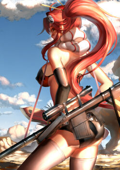 Rule 34 | 00s, 1girl, absurdres, ass, back, bare shoulders, bikini, bikini top only, breasts, covered erect nipples, female focus, glasses, gloves, gun, hair ornament, highres, large breasts, long hair, looking back, orange-tinted eyewear, orange-tinted glasses, otaku (artist), ponytail, red hair, scarf, shorts, sideboob, skull hair ornament, solo, sunglasses, swimsuit, tengen toppa gurren lagann, tinted eyewear, visor, weapon, yoko littner