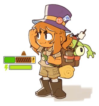 1girl :3 a_hat_in_time backpack badge bag bandages bing_bong_(peak) black_eyes boots brown_bag brown_boots brown_shirt brown_shorts button_badge child closed_mouth collared_shirt commentary fujimna full_body green_sash hair_tie hat hat_kid hat_ribbon heads-up_display knee_boots kneehighs lightning_bolt_symbol long_hair looking_ahead orange_hair oversized_footwear peak_(game) ponytail propeller_hat purple_hat ribbon sash scout_(peak) shading_eyes shadow shirt short_sleeves shorts shoulder_sash sidelighting sidelocks smile socks solo symbol-only_commentary ticket top_hat user_interface white_background white_socks yellow_ribbon