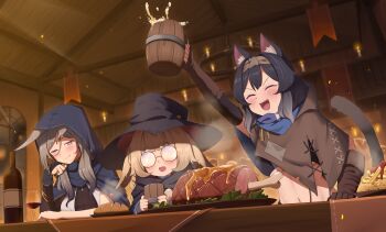 3girls absurdres animal_ear_fluff animal_ears arm_up black_hair black_hat blush bottle bread brown_gloves cat_ears cat_girl character_request cloak closed_eyes closed_mouth commentary_request crop_top cup drinking_glass food gloves grey_hair hat head_rest highres holding holding_cup hood hood_down hood_up hooded_cloak indoors light_brown_hair long_hair long_sleeves meat midriff multiple_girls navel one_eye_closed open_mouth original pink_eyes round_eyewear sidelocks smile steam t-hou tail tankard tavern wine_bottle wine_glass witch_hat
