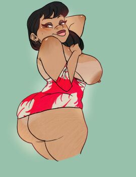 1girl absurdres ass black_hair breasts brown_eyes commentary dark-skinned_female dark_skin dress english_commentary green_background highres huge_breasts lilo_&amp;_stitch lilo_pelekai long_hair looking_at_viewer looking_back nipples print_dress smmyart solo