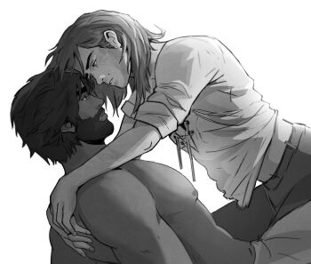 Rule 34 | 2boys, arcane: league of legends, arcane survivor jayce, ariespsyche, arms around neck, beard, commentary, english commentary, eye contact, facial hair, hair behind ear, highres, jayce (league of legends), league of legends, looking at another, male focus, medium sideburns, mole, multiple boys, nipples, pants, parted lips, pectorals, profile, shirt, short hair, short sleeves, sideburns, simple background, topless male, viktor (arcane), viktor (league of legends), white background, yaoi