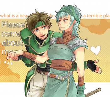 1boy 1girl angry armor bare_arms blue_hair breastplate breasts brown_hair echidna_(fire_emblem) fire_emblem fire_emblem:_the_binding_blade fire_emblem:_the_blazing_blade green_armor green_headband headband holding_hands kariu large_breasts messy_hair nintendo open_mouth pauldrons sain_(fire_emblem) shoulder_armor spiked_pauldrons spikes