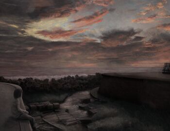 Rule 34 | 1other, absurdres, akebonobashi (artist), ambiguous gender, blue sky, cloud, cloudy sky, commentary, dated commentary, dusk, english commentary, from side, highres, horizon, landscape, ocean, original, outdoors, pants, scenery, shirt, shore, short hair, sitting, sky, solo, wide shot