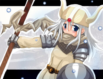 1girl 2000s_(style) armor blue_eyes blush chainmail commentary_request energy_ball fake_horns gauntlets grey_hair grey_scarf helmet holding holding_polearm holding_shield holding_weapon horned_helmet horns knight_(ragnarok_online) letterboxed long_hair long_sleeves looking_at_viewer outside_border pauldrons polearm ragnarok_online scarf shield shirt shoulder_armor solo spear tabako upper_body weapon white_shirt