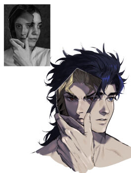 Rule 34 | 2boys, blonde hair, blue eyes, blue hair, broken mided mirrors, commentary request, different reflection, dio brando, glass shard, glass shards, highres, holding glass shard, jojo no kimyou na bouken, jonathan joestar, male focus, medium hair, multiple boys, parted lips, phantom blood, photo inset, red eyes, reference inset, reflection, simple background, upper body, white background, zxor1q0