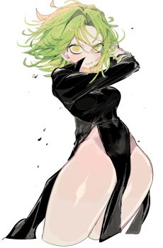 1girl black_dress breasts closed_mouth cropped_legs curly_hair dress green_eyes green_hair highres long_sleeves looking_at_viewer medium_hair no_panties one-punch_man pelvic_curtain short_hair side_slit simple_background small_breasts solo tatsumaki thick_thighs thighs usa37107692 v-shaped_eyebrows white_background