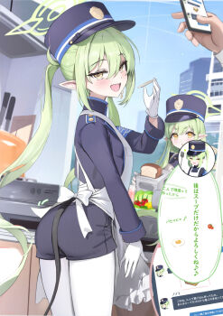 1boy 2girls apron armband ass blue_archive blush breasts cellphone commentary_request demon_girl demon_tail gloves green_hair halo hat highres hikari_(blue_archive) houraku kitchen long_hair long_sleeves looking_at_viewer looking_back multiple_girls nozomi_(blue_archive) open_mouth pantyhose peaked_cap phone pointy_ears siblings sisters smile speech_bubble stove tail thighs translation_request twintails white_apron yellow_eyes