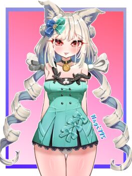 1girl animal_ears arknights artist_name bare_shoulders black_choker blush border breasts cameltoe choker commentary_request dress drill_hair gradient_background green_dress green_hair green_ribbon hair_ribbon highres inset_border large_breasts long_hair mesugaki morpheus_(arknights) nagi795 orange_hair panties pendant_choker pink_background purple_border ribbon solo thigh_gap tongue tongue_out twin_drills underwear white_border white_panties wolf_ears wolf_girl