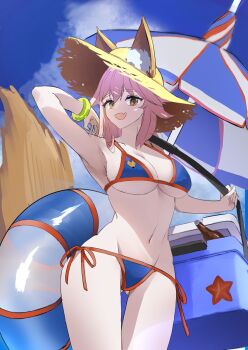 1girl animal_ear_fluff animal_ears bare_shoulders beach_umbrella bikini blue_bikini blue_sky blush bracelet breasts cleavage commentary_request cooler fate/grand_order fate_(series) fox_ears fox_girl fox_tail hat innertube jewelry large_breasts long_hair looking_at_viewer navel pink_hair sidelocks sky smile solo straw_hat swim_ring swimsuit tail tamamo_no_mae_(fate) tamamo_no_mae_(swimsuit_lancer)_(fate) tamamo_no_mae_(swimsuit_lancer)_(second_ascension)_(fate) thighs umbrella yellow_eyes yugusan5