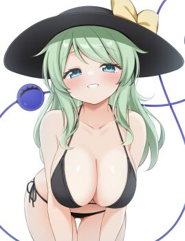 1girl :d absurdres bent_over bikini black_bikini black_hat blush bow breasts cleavage collarbone commentary_request green_hair grin halterneck hat hat_bow highres komeiji_koishi large_breasts long_hair looking_at_viewer open_mouth side-tie_bikini_bottom sidelocks simple_background smile solo string_bikini suwa_yasai swimsuit third_eye touhou white_background yellow_bow