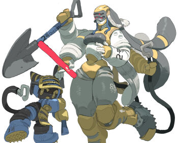 1girl 1other breasts extra_arms gloves helmet highres holding holding_shovel joints knee_pads koki_(ryoushikiha) mask mechanical_arms mechanical_legs mechanical_tail metal_skin original robot robot_girl robot_joints shovel small_breasts spiked_boots tail visor_cap yellow_eyes yellow_gloves