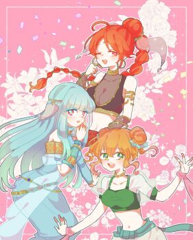 3girls :d ;d blue_hair braid braided_ponytail breasts cleavage dancer earrings fire_emblem fire_emblem:_the_binding_blade fire_emblem:_the_blazing_blade fire_emblem:_the_sacred_stones green_eyes hoop_earrings jewelry larum_(fire_emblem) medium_breasts multiple_girls navel ninian_(fire_emblem) nintendo one_eye_closed open_mouth orange_hair red_eyes red_hair small_breasts smile stomach tethys_(fire_emblem) yzkmm