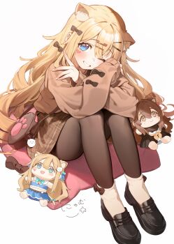 1girl animal_ears black_footwear blonde_hair blue_eyes blush brown_hair cat_ears chibi crossed_arms hair_ornament hair_ribbon hairclip highres long_hair nyum one_eye_closed original pantyhose ribbon school_uniform sitting smile sweater