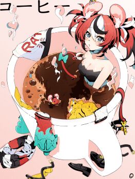 Rule 34 | 1girl, absurdres, animal ears, bathing, blue eyes, bow, breasts, cleavage, coffee, coffee mug, cup, giaggiolo, hakos baelz, hakos baelz (1st costume), highres, holding, holding with tail, hololive, hololive english, mouse ears, mouse tail, mr. squeaks (hakos baelz), mug, multicolored hair, prehensile tail, red hair, shoes, skirt, steam, streaked hair, tail, tail bow, tail ornament, twintails, unworn collar, unworn shoes, unworn skirt, unworn sleeves, unworn tube top, virtual youtuber