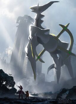 1other absurdres ambiguous_gender arceus asteroid_ill building bush cloud commentary_request english_text fog gen_2_pokemon gen_3_pokemon gen_4_pokemon highres jacket legendary_pokemon mythical_pokemon nature nintendo outdoors pokemon pokemon_(creature) red_jacket scenery scizor size_difference sky skyscraper standing swablu tree watermark wide_shot