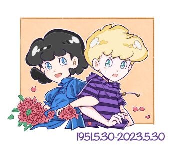 Rule 34 | 1boy, 1girl, black hair, blonde hair, blue dress, blue eyes, commentary request, dress, flower, green eyes, highres, lucy van pelt, peanuts (comic), puffy short sleeves, puffy sleeves, purple shirt, qinyuan224, red flower, red rose, rose, schroeder (peanuts), shirt, short hair, short sleeves, smile, striped clothes, striped shirt