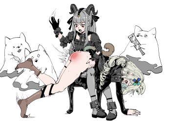 0_0 2girls @_@ absurdres angry animal_ear_fluff animal_ear_piercing animal_ears ankle_boots anklet arknights ass bang_dream! bang_dream!_it&#039;s_mygo!!!!! bdsm blunt_bangs boots bottomless bow bowtie brooch brown_socks brown_tail chinese_commentary closed_mouth commentary_request crossover curled_horns demon_girl demon_horns dress drill_hair ear_piercing feathers femdom floating fold-over_boots frilled_dress frilled_gloves frilled_sleeves frilled_wrist_cuffs frills full_body furrowed_brow gloves gradient_tail green_hair green_tail hair_ornament hair_ribbon hand_on_floor highres holding holding_feather holding_paddle horns jewelry knees_together_feet_apart lace-up_boots layered_sleeves leg_hold leg_up light_blush limited_palette long_hair long_sidelocks long_sleeves looking_down low_drills low_ponytail medium_dress morpheus_(arknights) motion_lines multicolored_tail multiple_girls no_shoes on_stool open_mouth over_the_knee paddle pain pantyhose piercing pigeon-toed ponytail puffy_short_sleeves puffy_sleeves ribbon shin_strap short_over_long_sleeves short_sleeves sidelocks simple_background single_drill single_glove single_wrist_cuff sitting sleeves_past_wrists socks spanked spanking square_neckline stool story_in_commentary sweat tail tears thigh_strap tickle_torture tickling tickling_feet tiptoes togawa_sakiko togawa_sakiko_(master_of_melodia) twitching two-handed two-tone_tail two_side_up v-shaped_eyebrows variant_set very_long_hair white_background wrist_cuffs x_hair_ornament x_x young_fun yuri