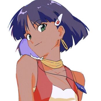 1girl collarbone dark-skinned_female dark_skin earrings fushigi_no_umi_no_nadia hoop_earrings jewelry ligton1225 looking_at_viewer nadia_la_arwall purple_hair short_hair simple_background solo upper_body white_background