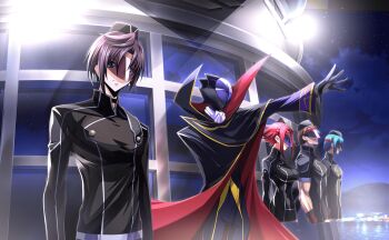 1girl 4boys adjusting_clothes artist_request black_cape black_gloves black_hair black_jacket blue_eyes brown_hair cape code_geass code_geass:_genesic_re;code code_geass:_lost_stories formal_clothes full_body game_cg gloves high_collar highres jacket kouzuki_kallen lelouch_vi_britannia long_sleeves mario_disel mask multiple_boys non-web_source official_art pants profile purple_eyes purple_pants purple_shoes purple_suit red_hair shoes short_hair standing suit zero_(code_geass)