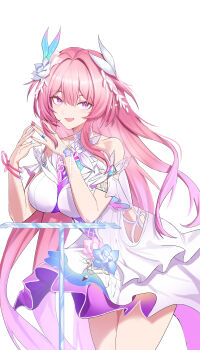 1girl absurdres bare_shoulders breasts cowboy_shot cyrene_(honkai:_star_rail) cyrene_(ripples_of_past_reverie)_(honkai:_star_rail) dress fingernails flower gradient_hair hair_flower hair_ornament highres honkai:_star_rail honkai_(series) large_breasts leaning_on_table long_fingernails long_hair looking_at_viewer missing_commentary multicolored_hair nail_polish open_mouth pink_hair pink_nails pointy_ears purple_eyes qishier_shi_ya_tuo sidelocks simple_background smile solo very_long_hair white_background white_dress white_flower