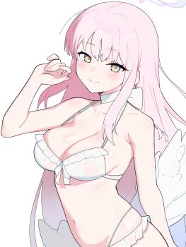 absurdres angel_wings bikini bilingual_commentary blue_archive blush breasts choker commentary english_commentary frilled_bikini frills fuyukey halo hand_up highleg highleg_bikini highres long_hair looking_at_viewer low_wings medium_breasts mika_(blue_archive) mika_(swimsuit)_(blue_archive) mixed-language_commentary navel official_alternate_hairstyle pink_hair purple_halo simple_background smile split_mouth stomach string_bikini swimsuit upper_body very_long_hair white_background white_bikini white_choker white_wings wing_ornament wings yellow_eyes