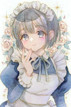 1girl apron blue_dress blue_ribbon closed_mouth commentary dress flower grey_eyes grey_hair hand_up juliet_sleeves leaf long_sleeves maid maid_headdress neck_ribbon original painting_(medium) puffy_sleeves ribbon rose short_hair signature simple_background smile solo sparkle traditional_media upper_body watercolor_(medium) white_apron white_background white_flower white_rose yachi_waki