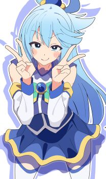 1girl absurdres aqua_(konosuba) beads blue_eyes blue_hair blue_skirt blush_stickers bow breasts brooch commentary_request cowboy_shot detached_sleeves double_v gem green_bow hair_between_eyes hair_ornament hair_rings highres jewelry kono_subarashii_sekai_ni_shukufuku_wo! long_hair looking_at_viewer noyama_takenoko simple_background skirt sleeveless smile solo thighhighs v white_background white_sleeves white_thighhighs