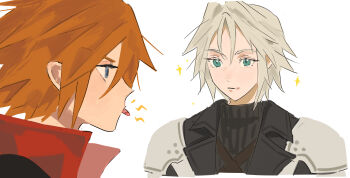 Rule 34 | 2boys, aqua eyes, armor, black jacket, black sweater, brown hair, chest strap, coat, crisis core: final fantasy vii, final fantasy, final fantasy vii, final fantasy vii: ever crisis, genesis rhapsodos, grey hair, hair between eyes, highres, jacket, male focus, multiple boys, pai jingguan, parted bangs, pauldrons, red coat, sephiroth, sephiroth (ever crisis), short hair, shoulder armor, sparkle, sweater, tongue, tongue out, turtleneck, turtleneck sweater, upper body, white background