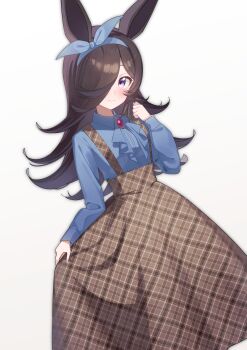 1girl absurdres animal_ears ascot blue_ascot blue_bow blue_hairband blue_shirt blush bow bow_hairband brown_hair brown_skirt closed_mouth flipped_hair freely2327 gem hair_over_one_eye hairband highres horse_ears horse_girl horse_tail long_hair long_sleeves looking_at_viewer purple_eyes red_gemstone rice_shower_(umamusume) shirt simple_background skirt smile solo suspender_skirt suspenders tail umamusume white_background
