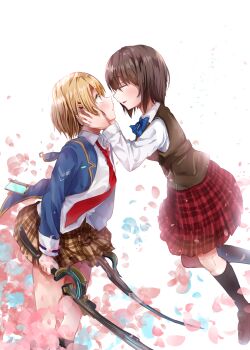 2girls aoi_erika black_hair brown_hair commentary dual_wielding english_commentary heaven_burns_red highres holding holding_sword holding_weapon kayamori_ruka kurage_(kurage19) looking_at_another multiple_girls necktie petals school_uniform short_hair skirt sword weapon