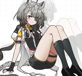 Rule 34 | 1girl, absurdres, ahoge, animal ear fluff, animal ears, arknights, arknights: endfield, black shorts, dokgo die docta (d o t), eyepatch, fingerless gloves, gloves, grey hair, hashtag-only commentary, highres, looking at viewer, puffy short sleeves, puffy sleeves, short shorts, short sleeves, shorts, sitting, solo, tail, tangtang (arknights), thigh strap, tiger ears, tiger girl, zoom layer