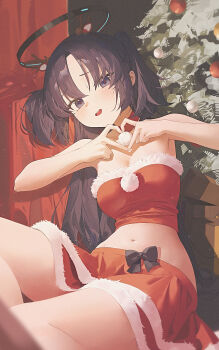 1girl absurdres alternate_costume bare_shoulders black_bow blue_archive blush bow christmas christmas_tree commentary_request decorating_christmas_tree fur-trimmed_skirt fur-trimmed_tube_top fur_trim halo heart heart_hands highres indoors lan001 long_hair looking_at_viewer mechanical_halo multicolored_eyes navel open_gift open_mouth pom_pom_(clothes) purple_eyes purple_hair sitting skirt strapless tube_top two-tone_eyes two_side_up yuuka_(blue_archive)