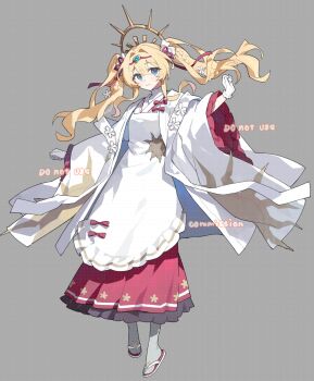 1girl ame_ame apron blonde_hair blue_eyes closed_mouth commission double-parted_bangs frilled_sleeves frills full_body grey_background grey_socks hair_between_eyes hair_ribbon highres japanese_clothes kimono long_hair long_skirt long_sleeves original red_ribbon red_sandals red_skirt ribbon sandals simple_background skirt smile socks solo standing tabi twintails watermark white_apron white_kimono wide_sleeves