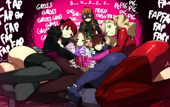 1boy 5girls between_legs biker_clothes black_bodysuit black_boots black_jacket black_pantyhose black_ribbon blonde_hair blue_bodysuit blue_eyes blush bodysuit boots braid brown_hair catsuit clothed_female_nude_male cooperative_handjob countdown crown_braid english_text femdom gloved_handjob gloves goggles goggles_on_head grey_boots hair_ribbon handjob held_down highres insult jacket knee_spikes long_hair masochism medium_hair mosbles_(mosbles7) motion_blur motion_lines multiple_girls niijima_makoto nude okumura_haru open_mouth orange_hair pantyhose persona persona_5 pink_gloves pink_skirt pink_sweater pleated_skirt ponytail precum purple_gloves purple_skirt red_bodysuit red_boots red_eyes red_gloves red_goggles red_hair restrained ribbon sakura_futaba shaded_face short_hair shoulder_spikes skirt sound_effects spikes spread_legs sweat sweater takamaki_anne teamwork_(sexual) testicles thigh_boots trapped twintails white_gloves yoshizawa_kasumi