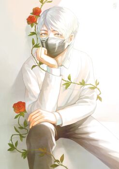 1boy black_pants blue_eyes commentary_request driftwoodwolf feet_out_of_frame flower head_rest highres long_sleeves looking_at_viewer male_focus mask mouth_mask original pants red_flower red_rose rose short_hair simple_background sitting solo sweater white_background white_hair white_sweater